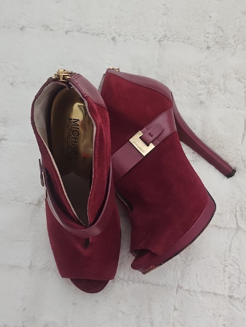 Michael Kors Wine Burgundy Suede Peep-Toe Heeled Booties - Picture 7 of 8
